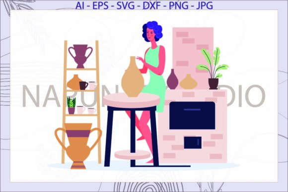 Woman Craftsman Vases of Flowers Plants Graphics and Illustrations